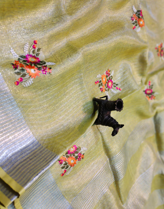 Embroidered Tissue Linen Saree in Yellow | Peepal Clothing