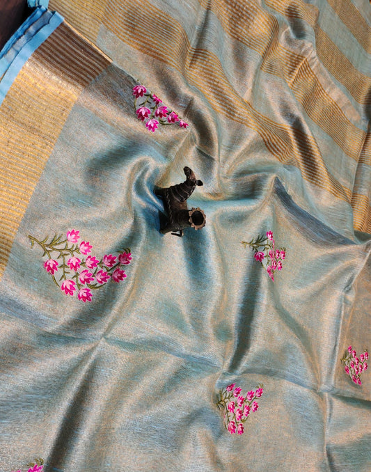 Embroidered blue tissue linen saree | Peepal Clothing