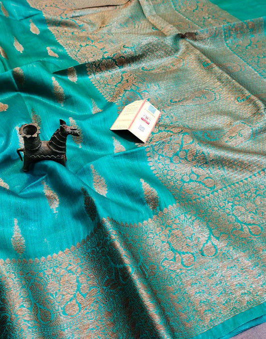 Firozi Buta Motif Tussar Munga Silk Saree with Zari Border | Peepal Clothing