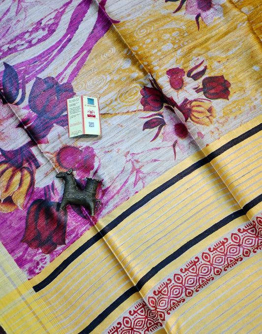 Floral Printed Tussar Ghicha Silk Saree| Peepal Clothing