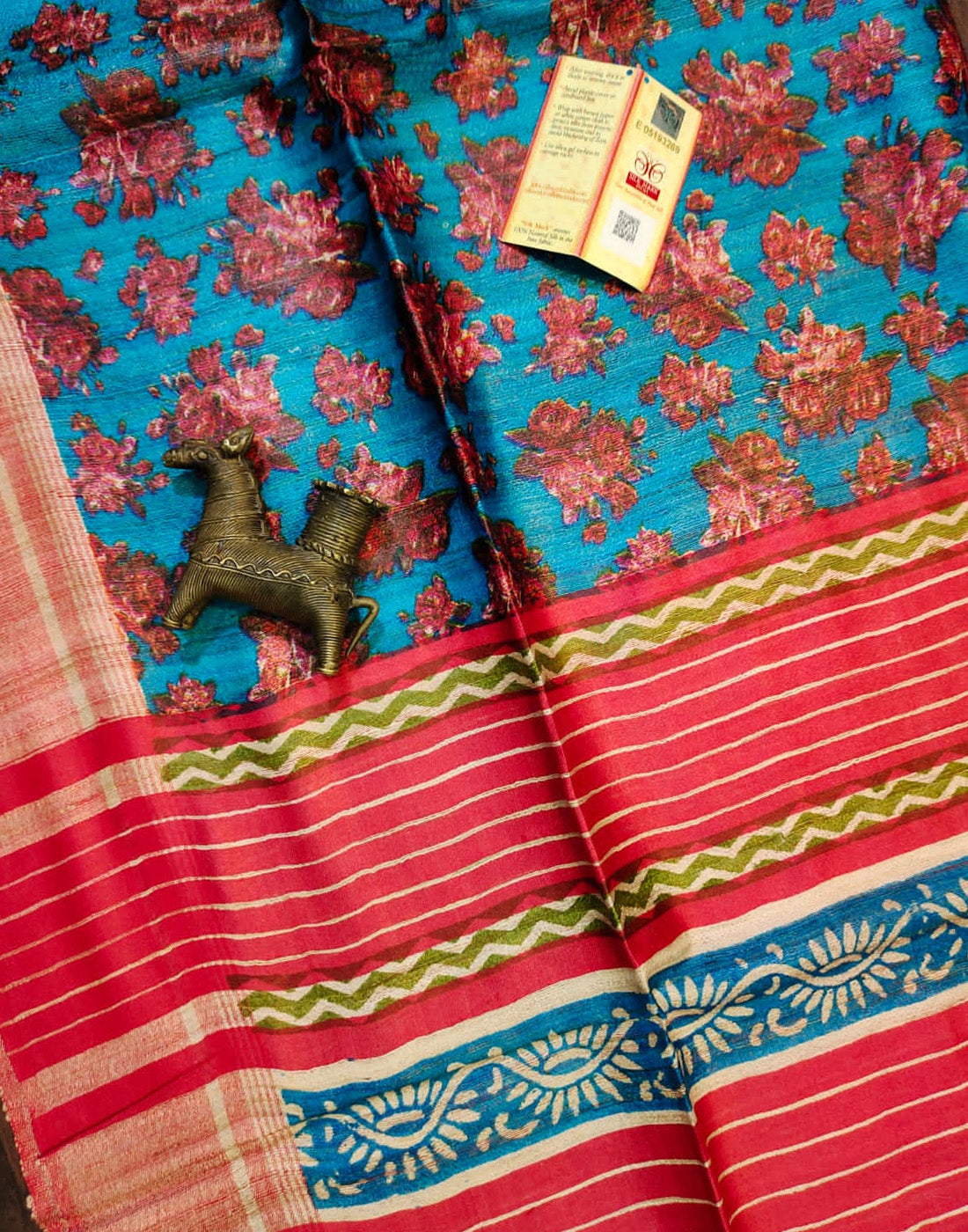 Floral Printed Tussar Ghicha Silk Saree in Blue| Peepal Clothing