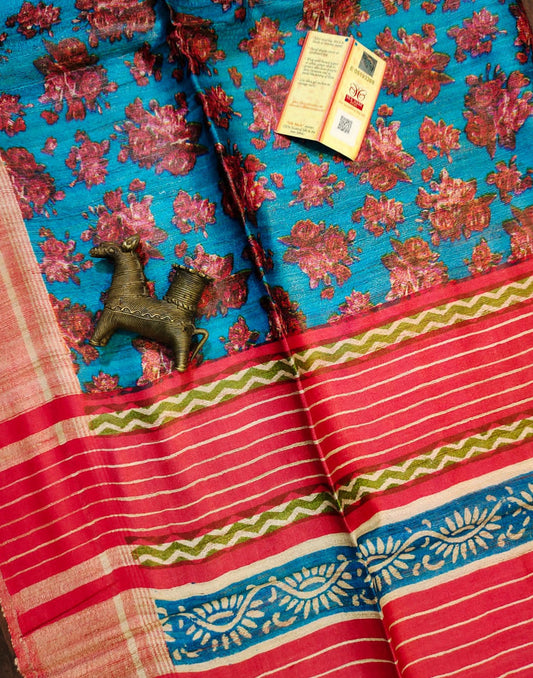 Floral Printed Tussar Ghicha Silk Saree in Blue| Peepal Clothing