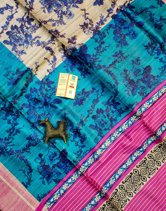 Floral Printed Tussar Ghicha Silk Saree in Magenta Border| Peepal Clothing