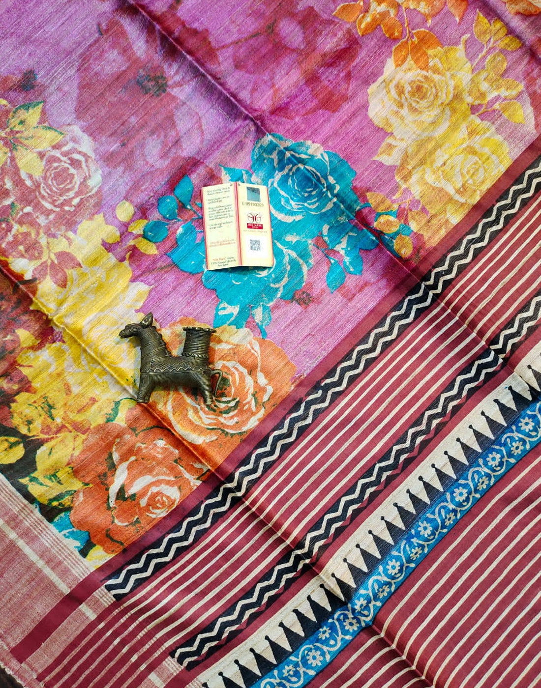 Floral Printed Tussar Ghicha Silk Saree in Multicolor| Peepal Clothing