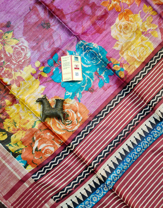 Floral Printed Tussar Ghicha Silk Saree in Multicolor| Peepal Clothing