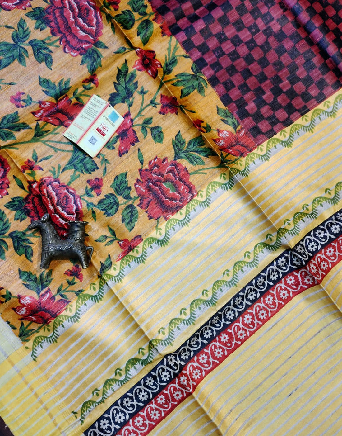 Floral and Check Printed Tussar Ghicha Silk Saree| Peepal Clothing