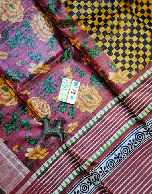 Floral and Check Printed Tussar Ghicha Silk Saree in Yellow| Peepal Clothing