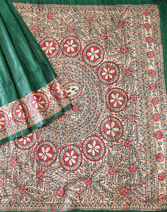 Forest Green Madhubani Hand Painted Tussar Ghicha Silk Saree | Peepal Clothing