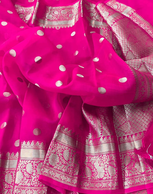 Fuchsia Pink Kora Silk Organza Saree | Peepal Clothing