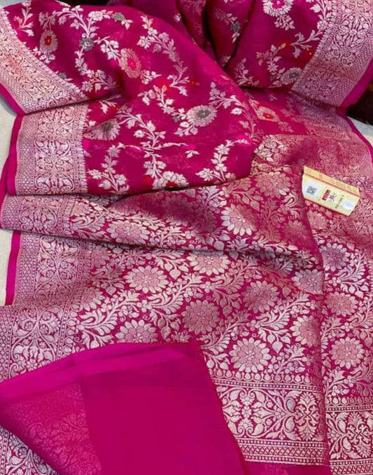 Fuchsia Pure Khaddi Georgette Zari Weaved Meenakari Saree | Peepal Clothing