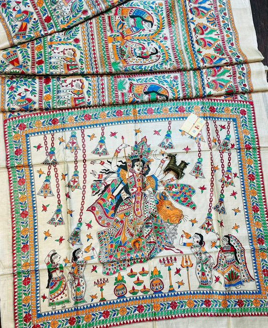 Goddess Durga Madhubani Hand Painted Desi Tussar Silk Saree | Peepal Clothing