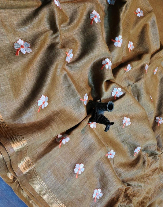 Golden Embroidered Pure Silk Linen Saree | Peepal Clothing
