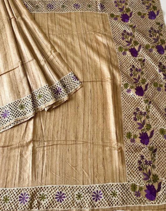Golden Hand Cutwork Tussar Ghicha Silk Saree | Peepal Clothing