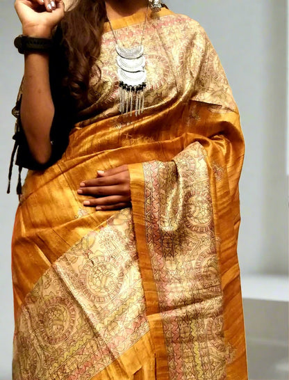 Golden Madhubani Printed Tussar Ghicha Silk Saree | Peepal Clothing