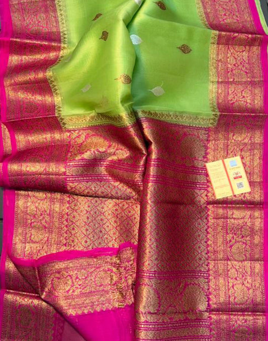 Green Banarasi Pure Khaddi Organza Silk Saree | Peepal Clothing