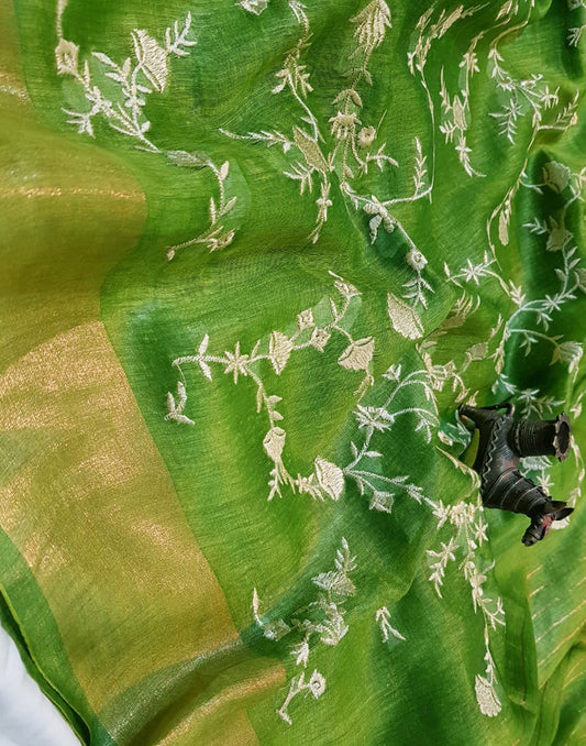 Green Embroidered Silk Linen Saree|Peepal Clothing