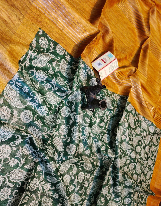 Green Floral Printed Tussar Ghicha Silk Saree with Zari Border| Peepal Clothing