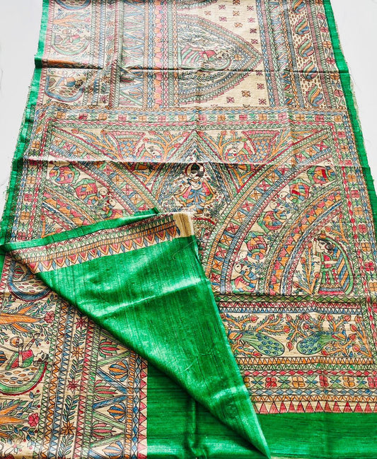 Green Half & Half Madhubani Hand Painted Pure Tussar Ghicha Silk Saree | Peepal Clothing