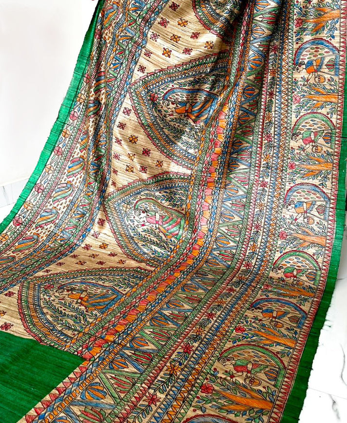 Green Half and Half Madhubani Hand Painted Pure Tussar Ghicha Silk ...