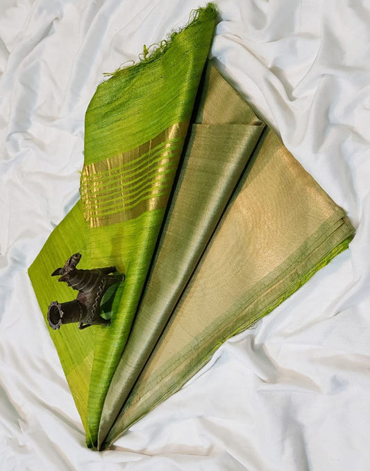 Green Korean tussar ghicha pallu saree with staple body and Zari border| Peepal Clothing