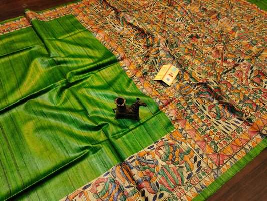 Green Madhubani Hand Painted Silk Saree | Peepal Clothing