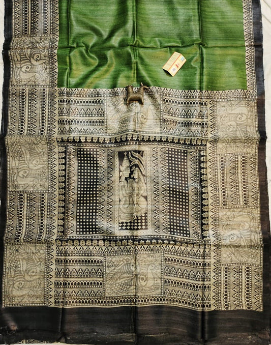 Green Madhubani Printed Silk Saree| Peepal Clothing