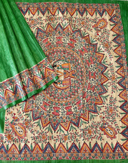 Green Madhubni Hand Painted Tussar Ghicha Silk Saree | Peepal Clothing