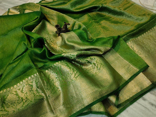 Green Pure Silk Linen Banarasi Saree | Pipal Clothing