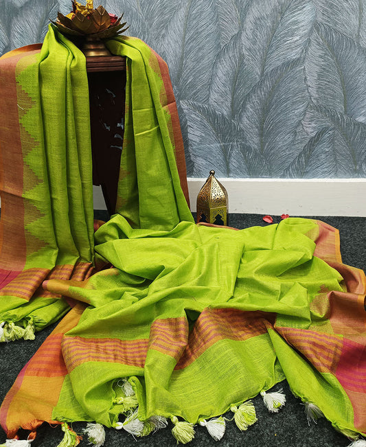 Green Temple Border Cotton Slub Dupatta | Peepal Clothing