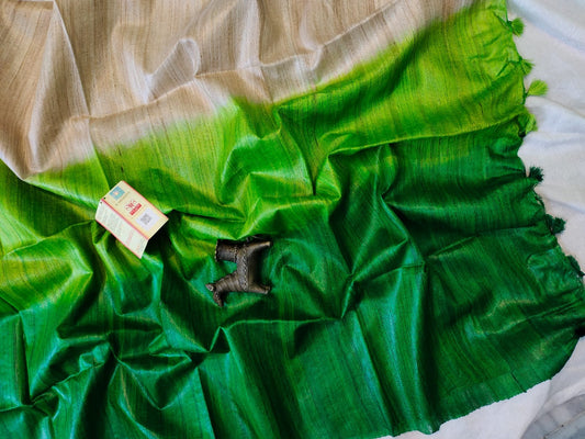 Green Triple Dye Pure Tussar Ghicha Silk Saree | Peepal Clothing