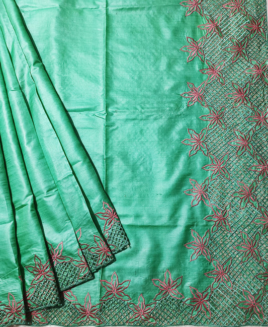 Green Cutwork Tussar Silk Saree | Peepal Clothing
