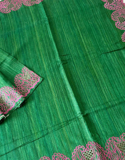 Green Hand Cutwork Tussar Ghicha Silk Saree | Peepal Clothing