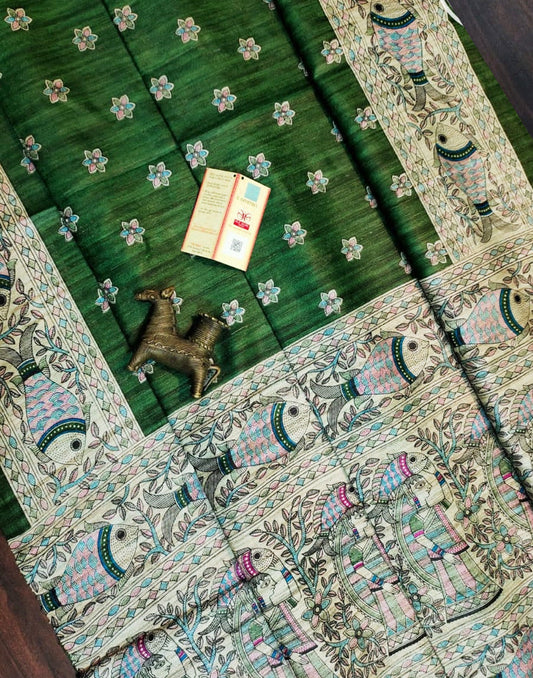 Green Tussar Ghicha Madhubani Buta Printed Silk Saree| Peepal Clothing
