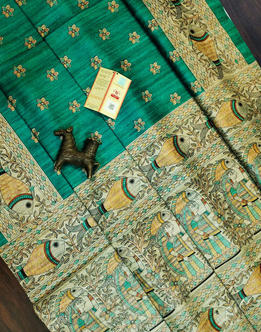 Green Tussar Ghicha Madhubani Printed Silk Saree| Peepal Clothing