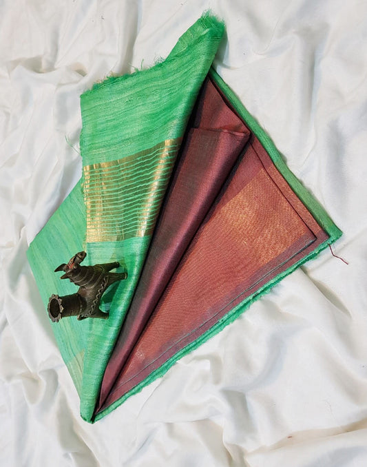 Green and Brown Korean tussar ghicha pallu saree with staple body and Zari border| Peepal Clothing