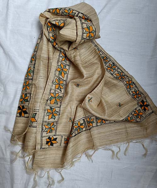 Madhubani Painted Silk Stole | Peepal Clothing