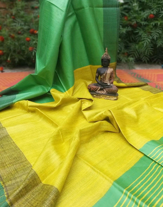 Green and Yellow Korean tussar ghicha pallu saree with staple body| Peepal Clothing