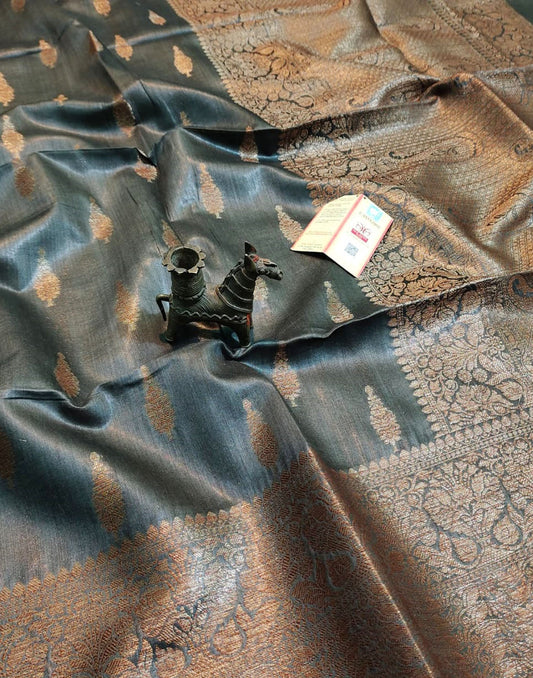 Grey Buta Motif Tussar Munga Silk Saree with Zari Border | Peepal Clothing