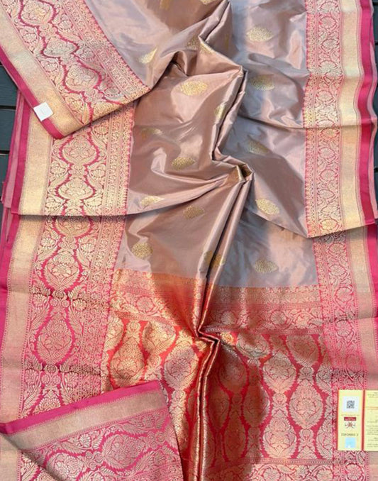 Grey Pure Katan Silk Saree Featuring Weaved Buta | Peepal Clothing