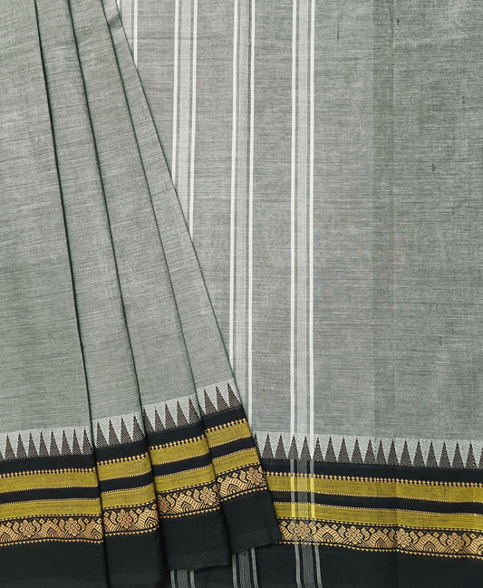 Grey Temple Border Chettinad Cotton Saree | Peepal Clothing