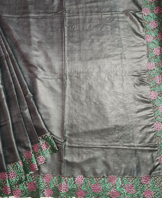 Grey Hand Cutwork Tussar Silk Saree | Peepal Clothing