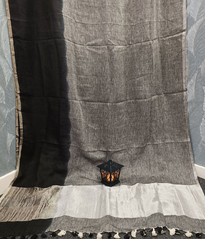 Grey and Black Linen Saree | Peepal Clothing