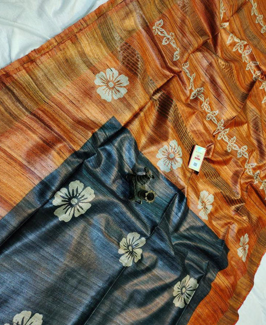 Grey and Orange Floral Printed Tussar Ghicha Silk Saree with Zari Border | Peepal Clothing