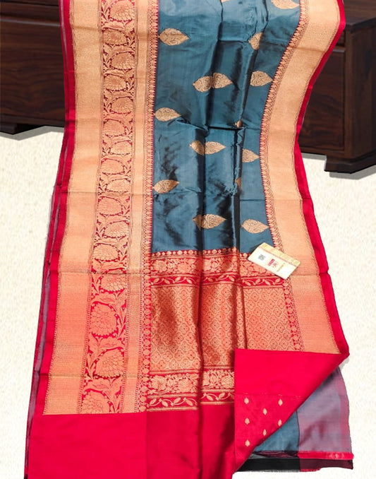 Grey and Red Pure Katan Silk Saree | Peepal Clothing
