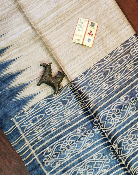 Greyish-blue Tussar Ghicha Ikkat Printed Silk Saree| Peepal Clothing