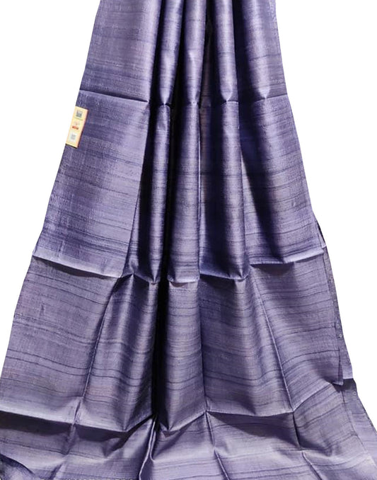Greyish Blue Pure Desi Tussar Plain Silk Saree| Peepal Clothing