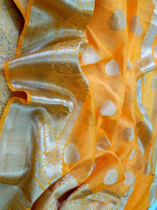  Mango Yellow Pure Banarasi Silk Linen Saree | Peepal Clothing
