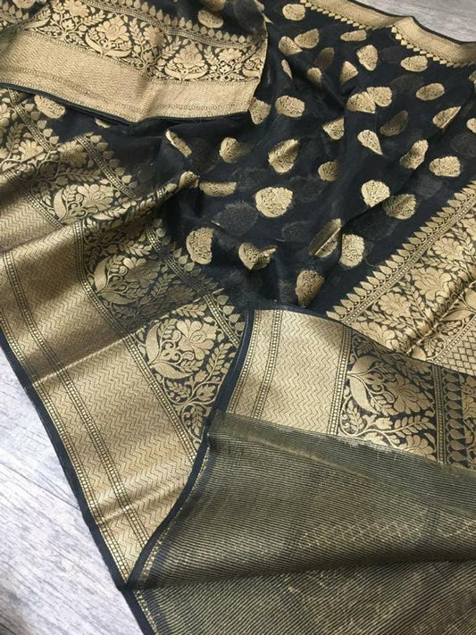 Black Pure Banarasi Silk Linen Saree www.peepalclothing.com