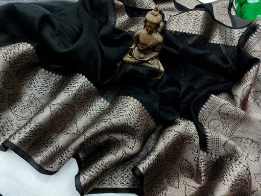 Black Pure Banarasi Silk Linen Saree www.peepalclothing.com