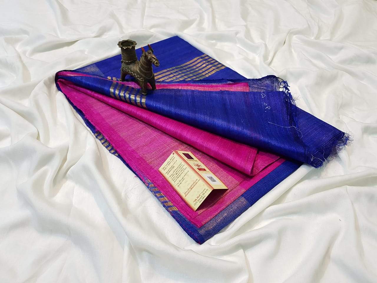 Handwoven Tussar Ghicha Silk printed neutral and black Saree - Vastrams